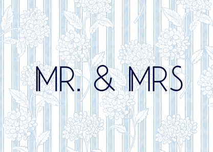 Decorative text 'MR. & MRS.' with floral elements on a striped background