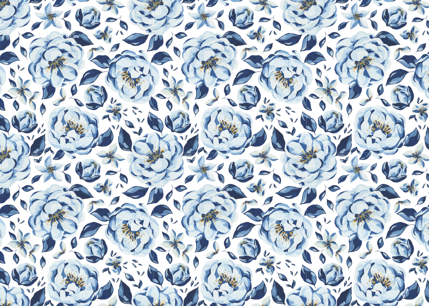 Pattern of blue flowers and bees on a white background