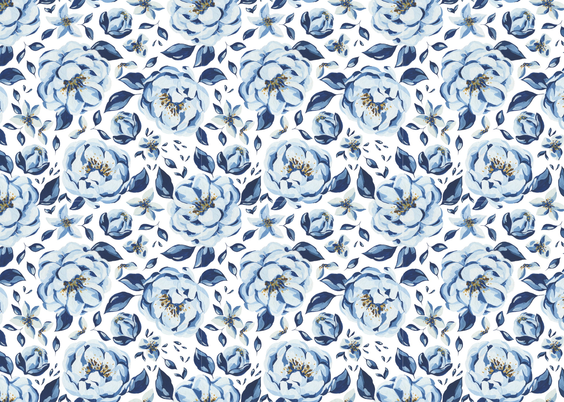 Pattern of blue flowers and bees on a white background