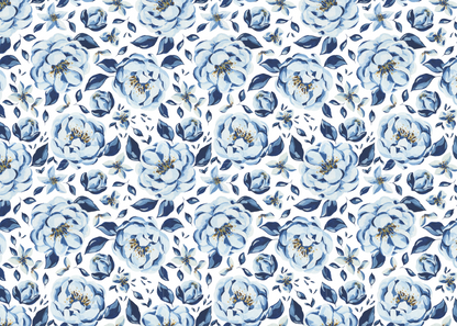 Pattern of blue flowers and bees on a white background