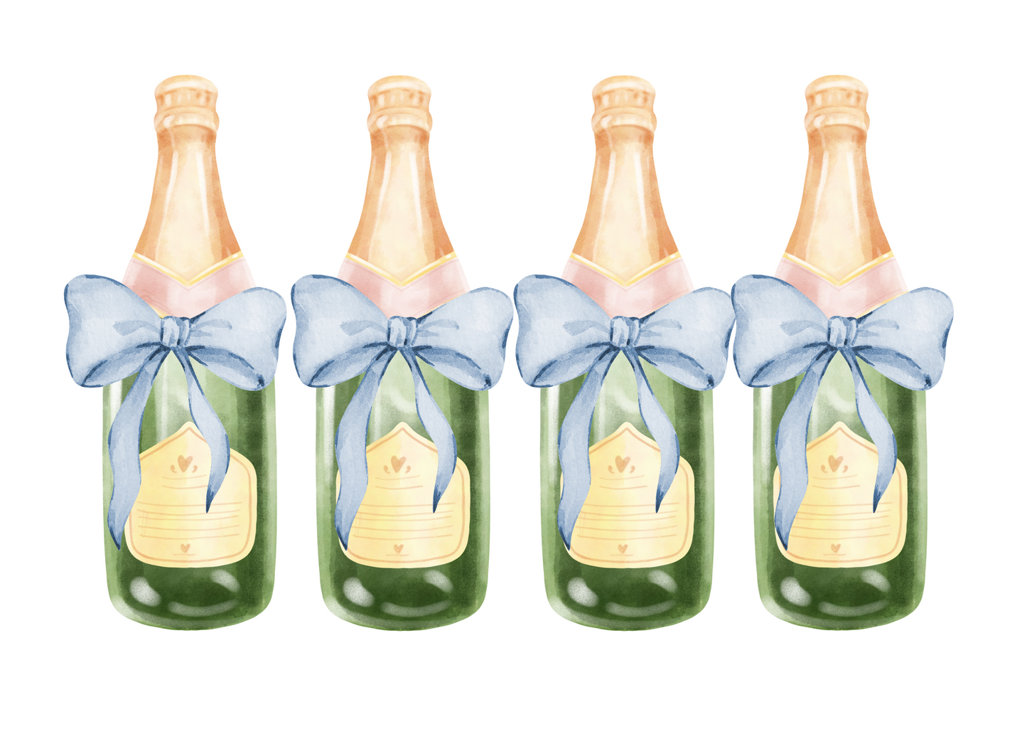 Four champagne bottles with blue bows on a white background