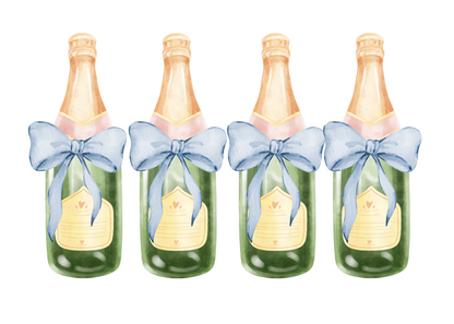 Four champagne bottles with blue bows on a white background