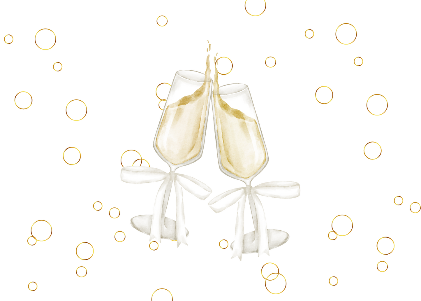 Two champagne glasses clinking together with gold bubbles on a white background