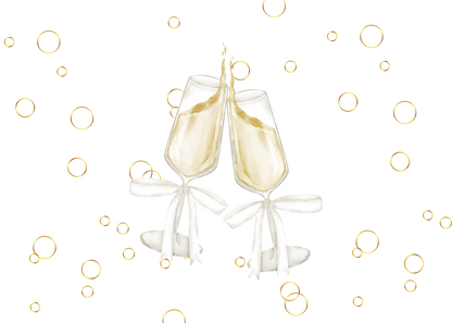 Two champagne glasses clinking together with gold bubbles on a white background