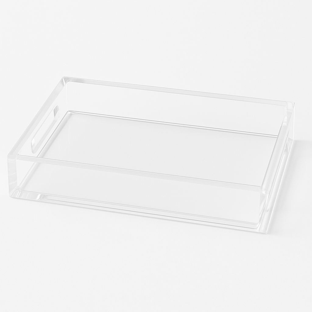 Clear acrylic tray on a white background