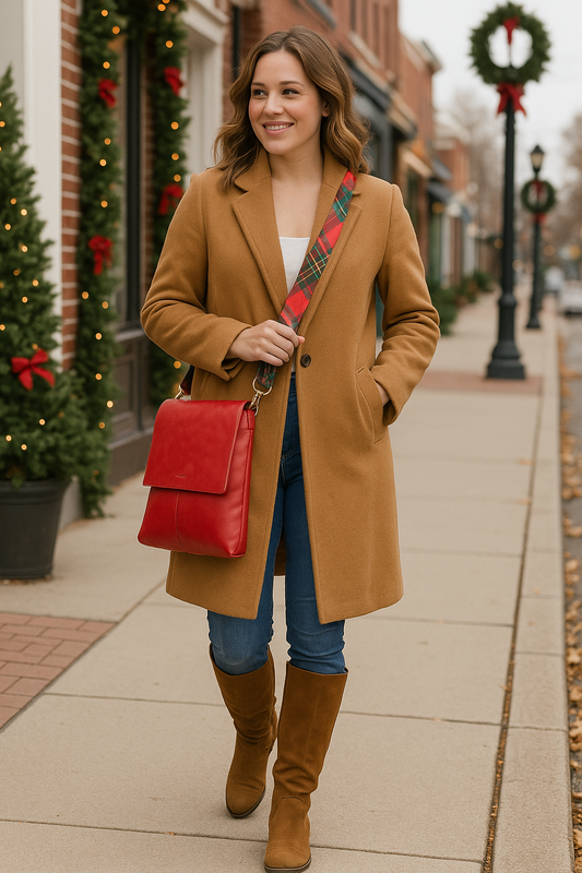 Woman in a tan coat with a red bag walking on a sidewalk decorated for Christmas.