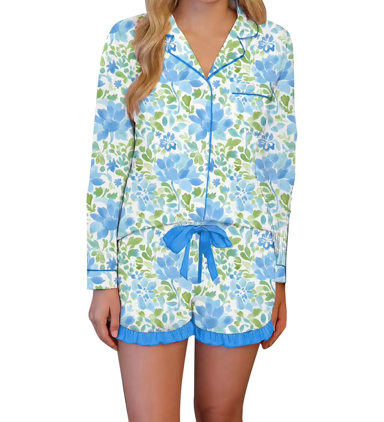 Floral pajama set with blue accents on a white background