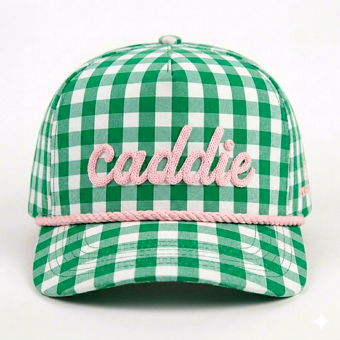 Green and white checkered cap with 'Caddie' embroidery on a white background