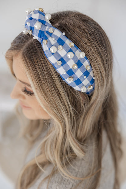 Gingham Headband with hand sewn Embellishments