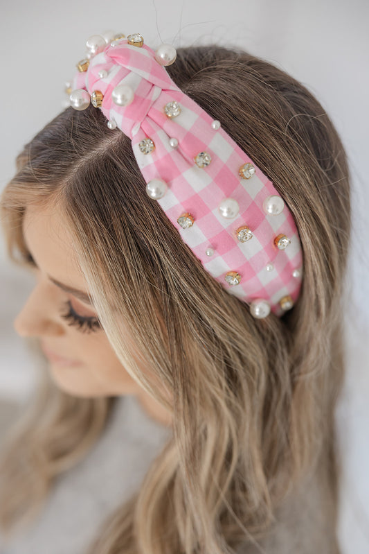 Gingham Headband with hand sewn Embellishments