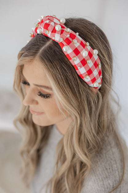 Gingham Headband with hand sewn Embellishments