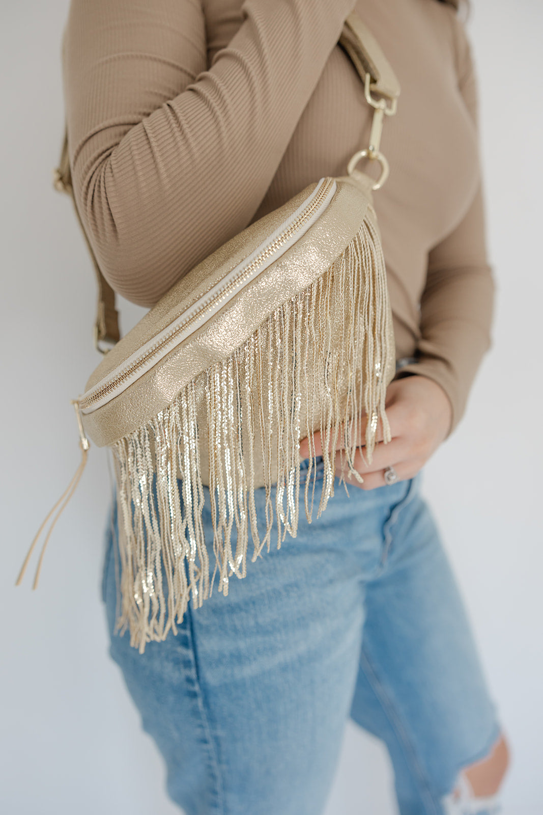 Metallic Removable Fringe Western Style Suede Bum Sling Hip Bag