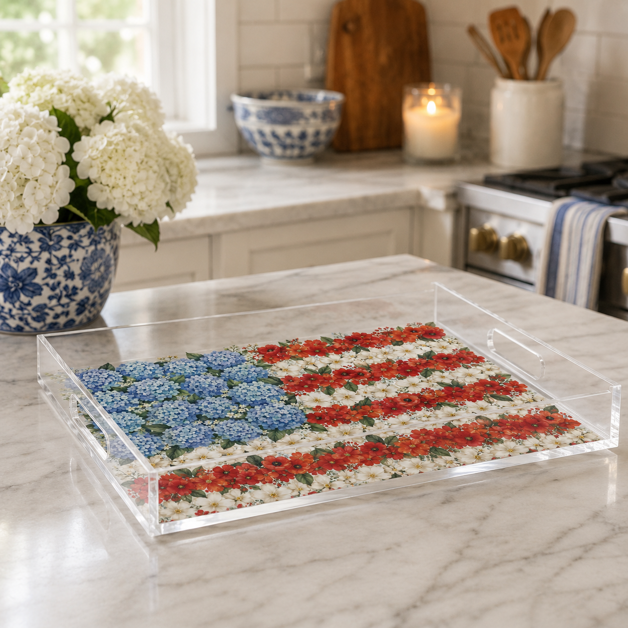 Floral American flag design on a clear tray in a kitchen setting