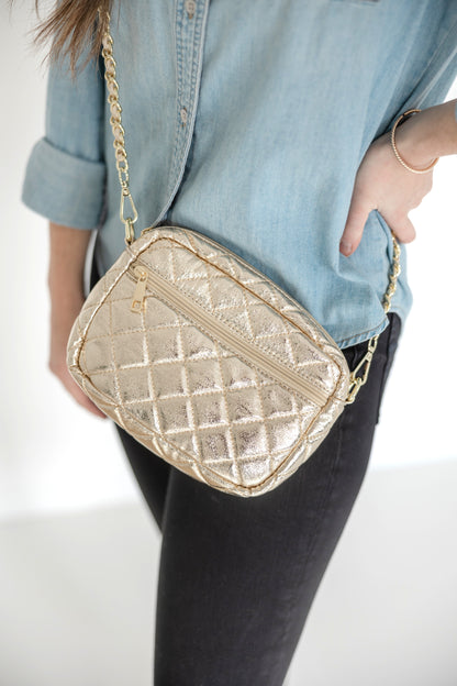 SueEllen Quilted Small Crossbody Bag with Gold Chain Strap