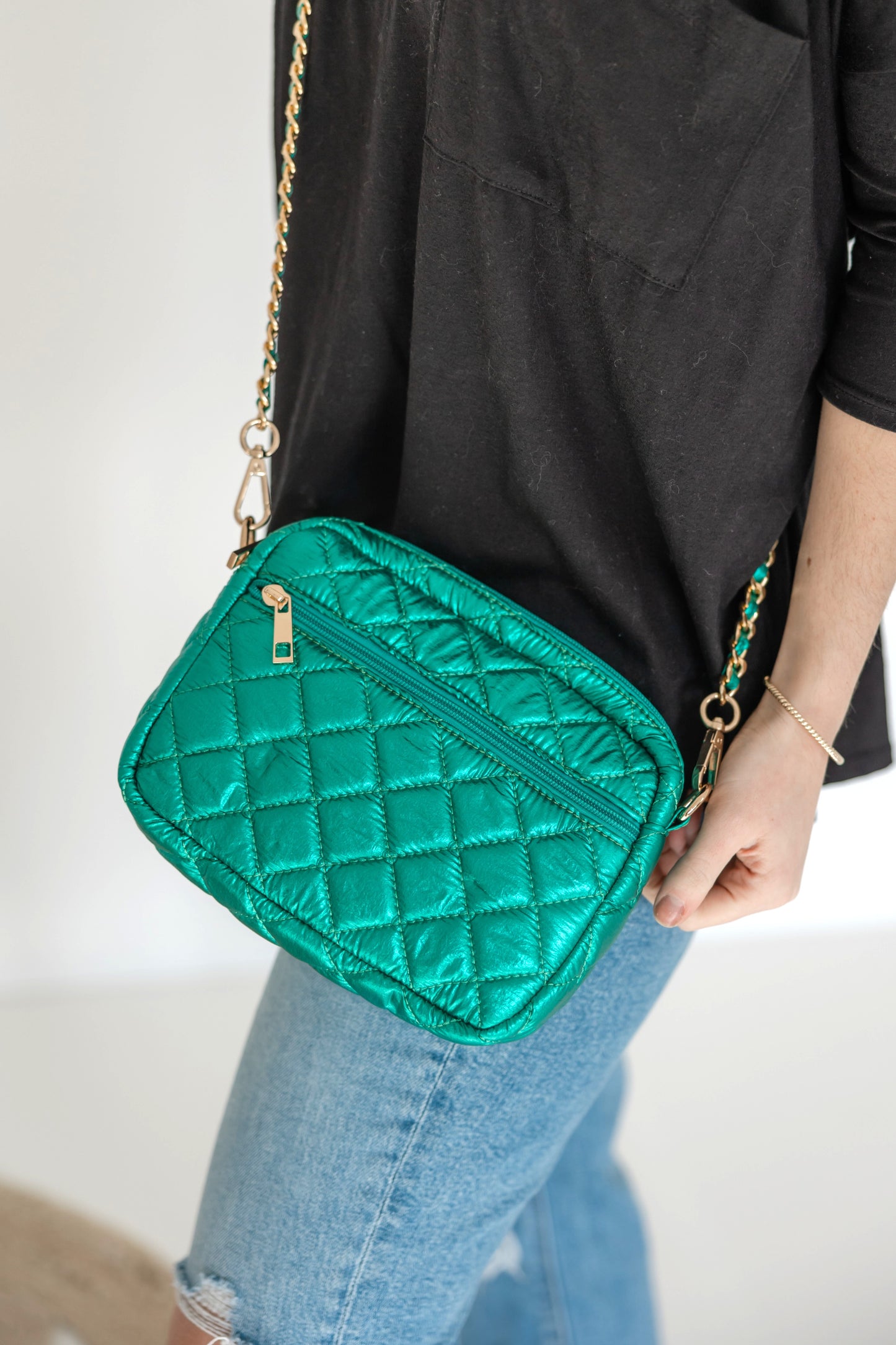 SueEllen Quilted Small Crossbody Bag with Gold Chain Strap