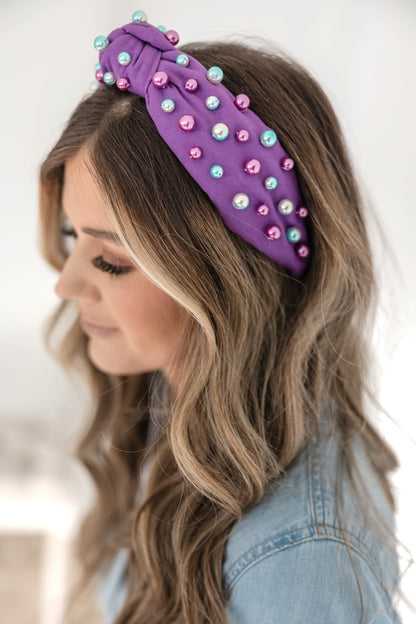 Pearls Headband Purple Fabric with Gold, Green, Purple Pearls