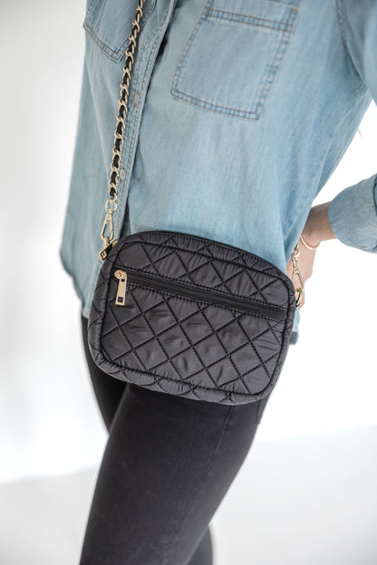 SueEllen Quilted Small Crossbody Bag with Gold Chain Strap
