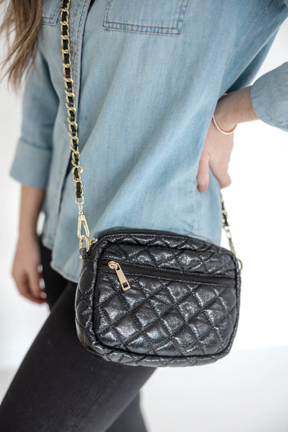 SueEllen Quilted Small Crossbody Bag with Gold Chain Strap