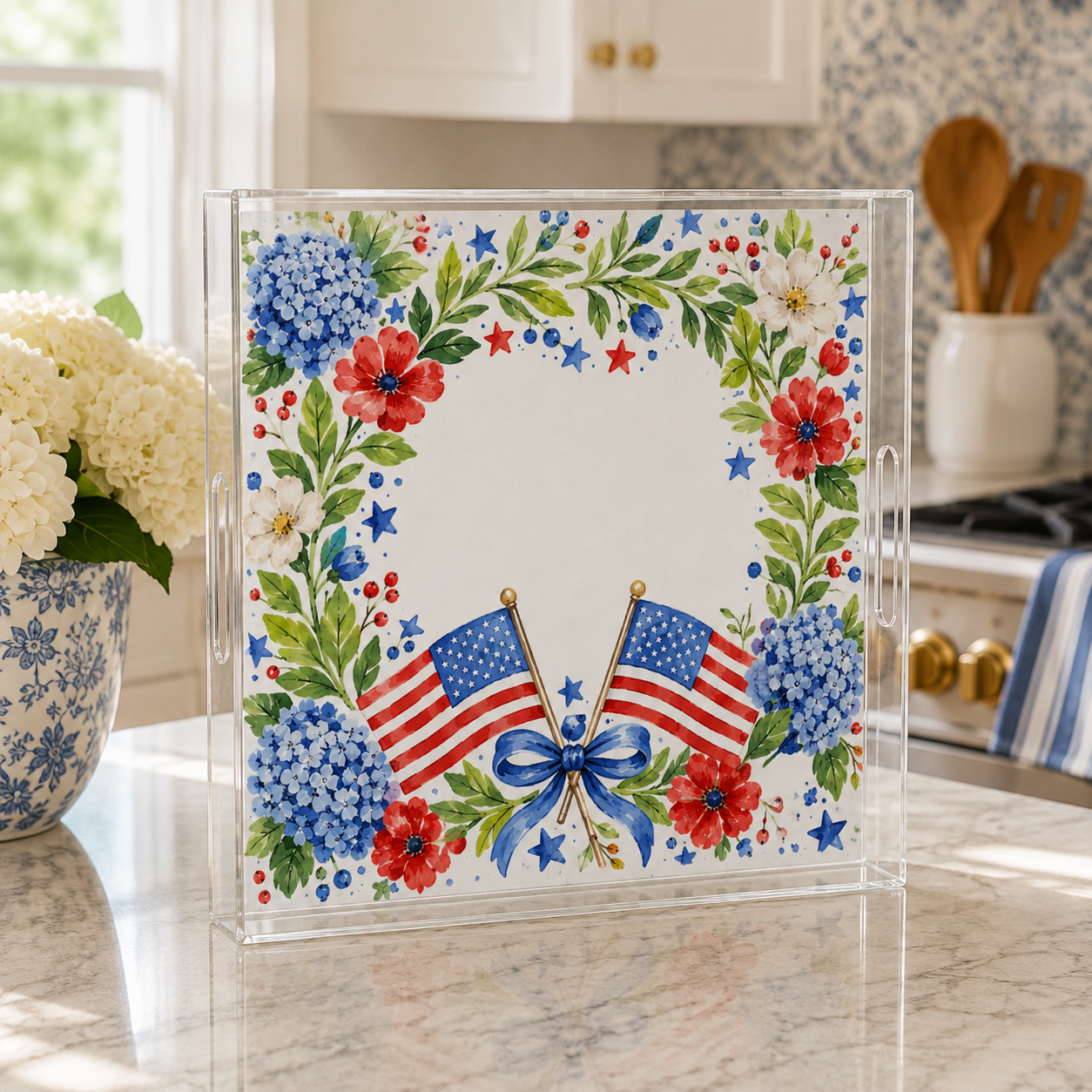 Decorative glass panel with American flags, flowers, and a bow in a kitchen setting.