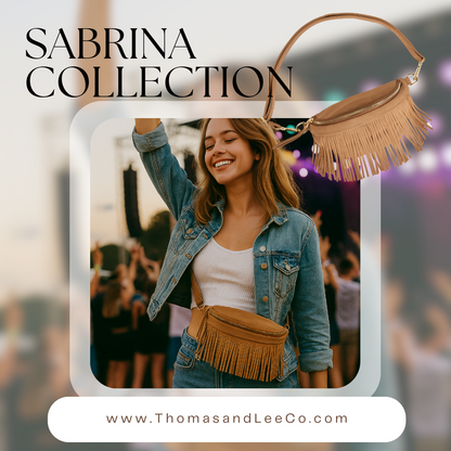 Woman wearing a denim jacket and brown fringed bag with 'Sabrina Collection' text overlay.