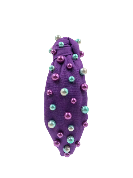 Pearls Headband Purple Fabric with Gold, Green, Purple Pearls