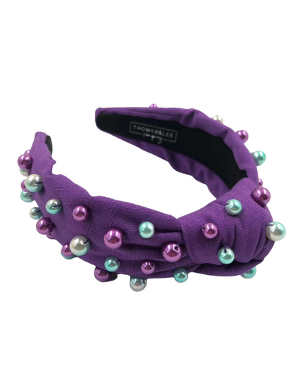 Mermaid Pearls Headband Purple Fabric with Gold, Green, Purple Pearls