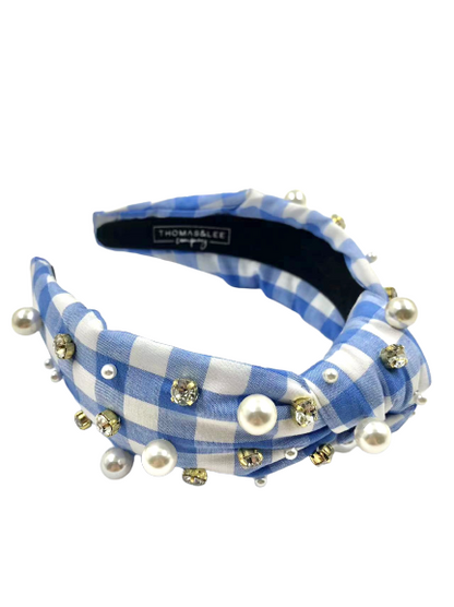 Gingham Headband with hand sewn Embellishments