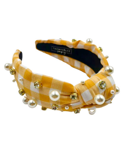 Gingham Headband with hand sewn Embellishments