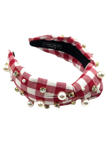 Gingham Headband with hand sewn Embellishments