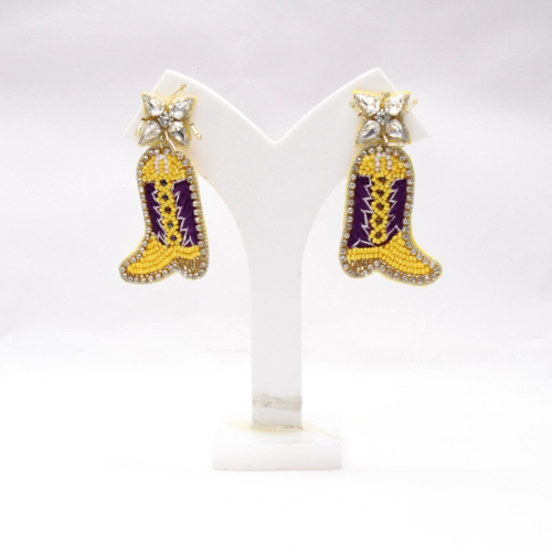 Hand Beaded Boot Earrings Purple Gold Seed Bead