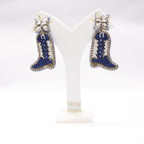 Hand Beaded Boot Blue White & Black Seed Bead Earrings